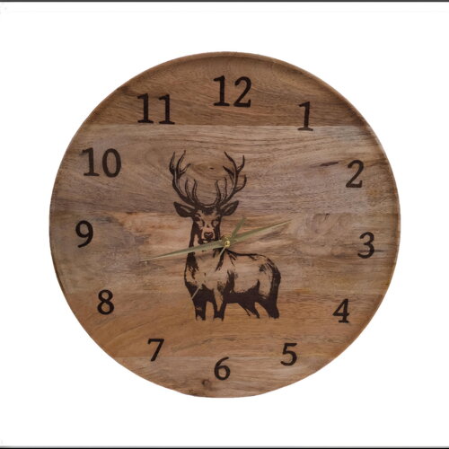 Horloge murale en bois de manguier gravée d'un cerf décoration forestière sur le thème de la faune