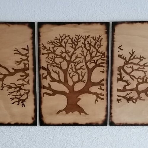 Tableau  en bois gravé d'un arbre ou grand triptyque mural en bois tableau sur le thème de la nature