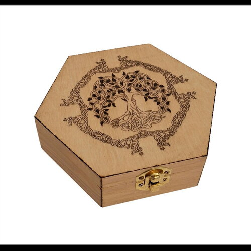 Boitier hexagonale gravée d'un arbre de vie celtique encadré de noeuds celtes bijoux, pierres, cristaux peut être personnalisée