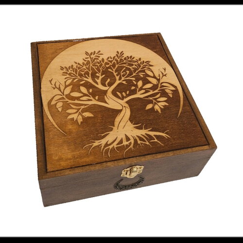 Boîte gravée d'un arbre de vie à l'aurore boite à pierres, cristaux, rangement bijoux, boite à thé, huiles essentiel
