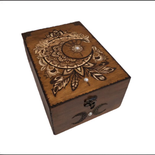 Boite de rangement gravée lune attrape-rêve boite haute huile essentielle thé aromathérapie  pierres cristaux bijoux fiches recettes