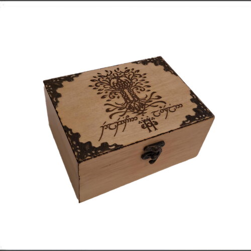 Coffret boite en bois gravé laurelin et telperion les deux arbres de valinor avec écriture twengar elfique