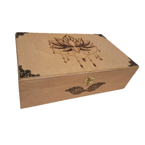 Grande boite gravée fleur de lotus boite en bois pour cartes, tarot, bijoux, pierres, cristaux, bijoux, thé huiles essentielles