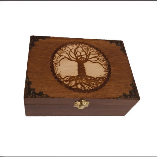 Boite en bois gravée arbre de vie celtique cerclé avec bronze  type thé bijoux  pierres cristaux, huiles essentielles 4 compartiments