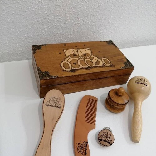 Boîte à bébé gravée nounours oursons coffre de naissance  à personnaliser boîte à souvenir enfants boite à dents hochet