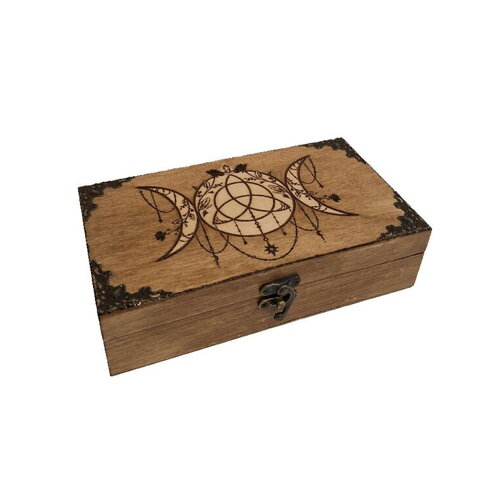Boîte gravée triple lune et triquetra avec noeuds celtes décoration bijoux roses noires, pierres, cristaux boite à carte oracle tarot