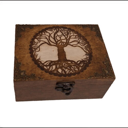Boite en bois gravée arbre de vie celtique cerclé  thé bijoux  pierres cristaux huile essentielle 2 compartiments