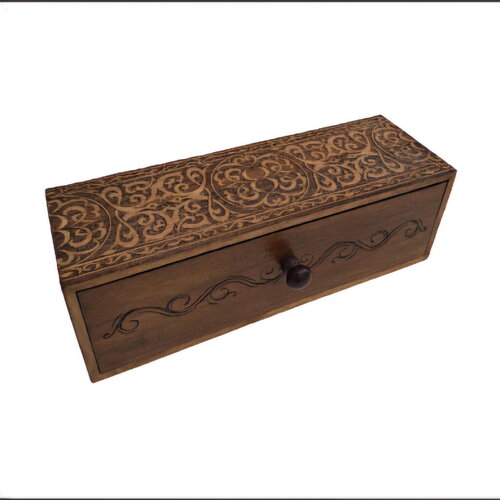 Boîte tiroir gravée d'entrelacs médiévaux type boite à bâtons d'encens, flacons huiles essentielles, bijoux ou accessoires divers...
