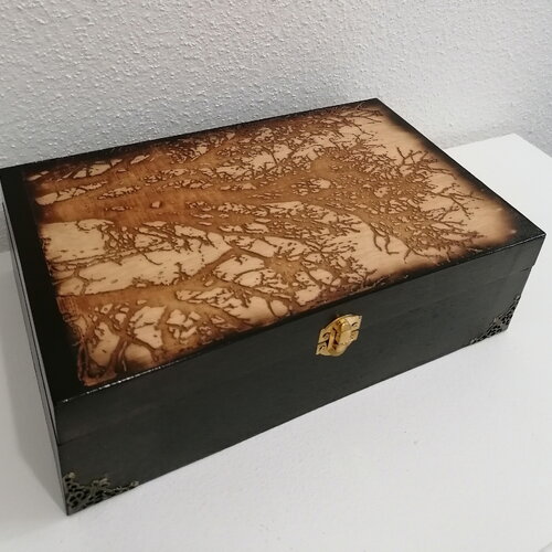 Grande boîte en bois gravée de branches sur un fond de frondaison de forêt broche bijoux pierre cristaux huiles essentielles