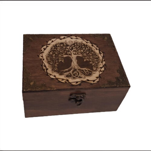 Coffret coffre boite en bois gravé arbre de vie celtique avec couronne de branches à feuilles avec bronze  thé bijoux  pierres cristaux