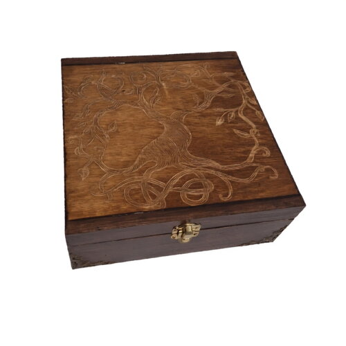 Boîte de rangement en bois gravée d'un arbre de vie celtique  branches feuilles  bronze thé huile essentielle bijoux pierre cristaux