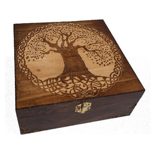 Boîte à pierres gravée d'un arbre de vie celtique couronné bronze pierres cristaux bijoux thé huile essentielle