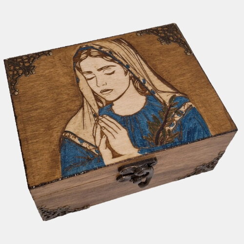 Boîte gravée sainte vierge marie en prière notre dame de l'annonciation rangement objets religieux  chapelet baptême communion