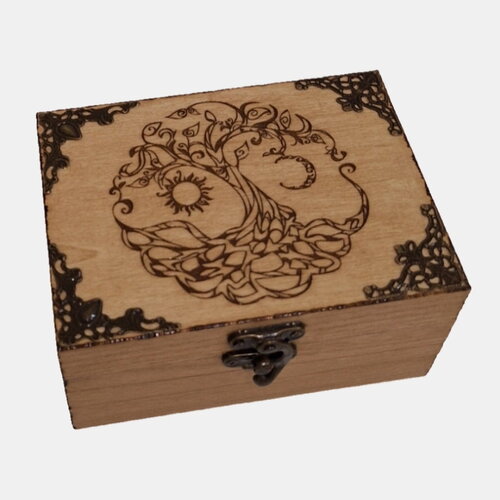 Coffret en bois gravé arbre de vie celtique lune et soleil ornée de bronze à 2 compartiments thé bijoux pierres cristaux