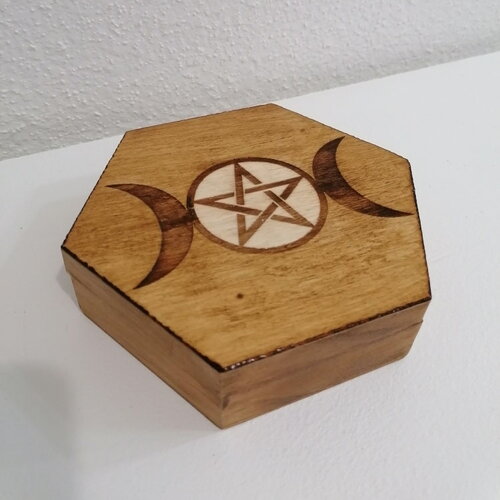 Boîtier triple lune avec pentagramme boite hexagonale rangement pendule pierres cristaux bracelet pendentif boite de transport