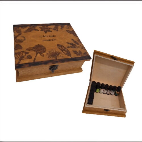 Boite de rangement pour huiles essentielles gravée de plantes officinales pour aromathérapie, herboristerie