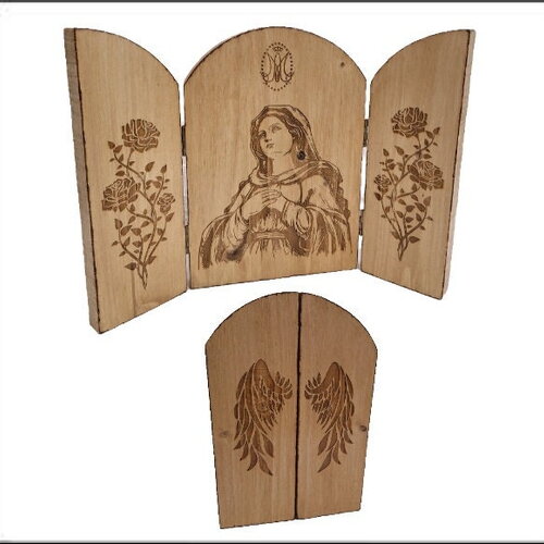 Triptyque sainte vierge marie encadrement de roses et ailes d'ange, icône en bois chrétien catholique, notre dame pour autel à prières