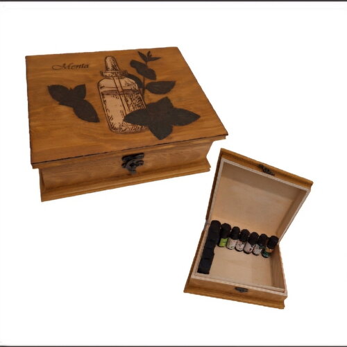 Boite de rangement pour huiles essentielles gravée de feuilles de menthe, fiole et terme latin menta pour aromathérapie, herboristerie