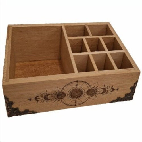 Organiseur en bois maquillage salle de bain gravé phase de la lune ou cycle lunaire, rangement bureau accessoires