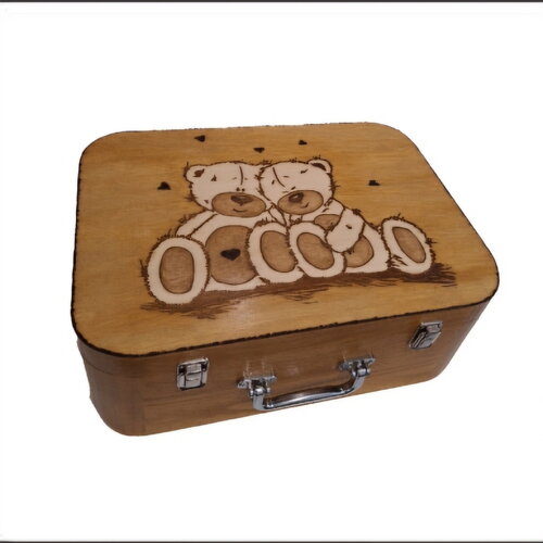 Valise malle en bois gravée nounours coffre de naissance ou jouets boîte à souvenir enfants ours en peluche