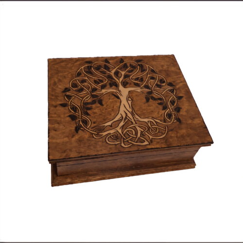 Coffret en bois style ancien gravé d'un arbre de vie celtique boite à cartes bijoux pierres cristaux rangement souvenirs trésors