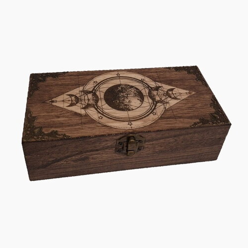 Boîte gravée des phases de la lune mboles mystiques étoiles pierres cristaux bijoux cônes encens pendules carte de jeux