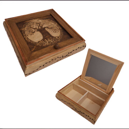 Boîte à bijoux gravée d'un arbre de vie celtique couronné et entrelacs de branches à feuilles avec miroir