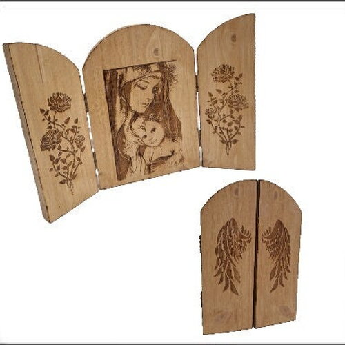 Triptyque sainte vierge marie et l'enfant jésus encadrement de roses et ailes d'ange, icône en bois chrétien catholique