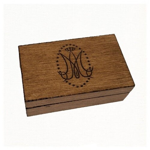 Coffret en bois monogramme vierge marie usage divers rangement objets religieux, chapelet souvenirs ordination prêtre baptême communion