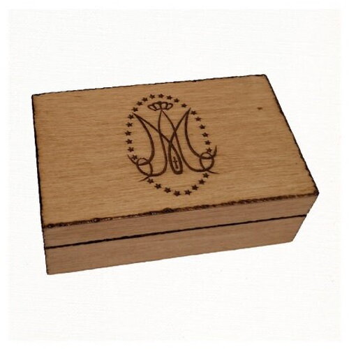 Coffret en bois monogramme vierge marie usage divers rangement objets religieux, chapelet souvenirs ordination prêtre baptême communion