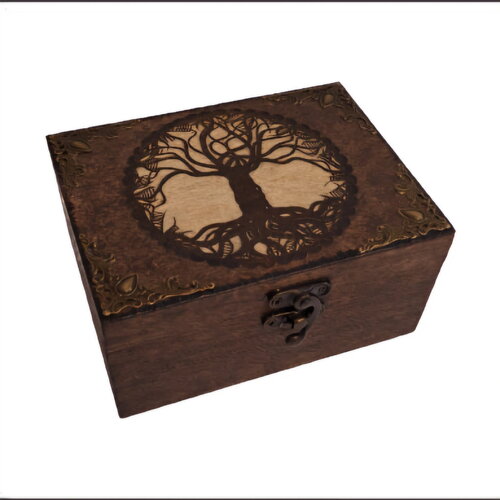 Boite en bois gravée arbre de vie celtique cerclé  thé bijoux  pierres cristaux huile essentielle 2 compartiments