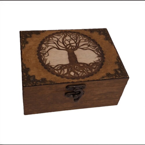 Boite en bois gravée arbre de vie celtique cerclé  thé bijoux  pierres cristaux huile essentielle 2 compartiments