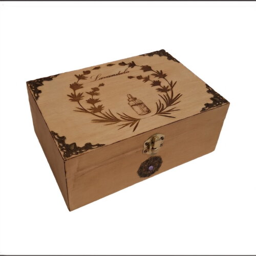 Boite de rangement pour huiles essentielles gravée d'une couronne de lavande, fiole  flacons 10 ml pour aromathérapie, herboristerie
