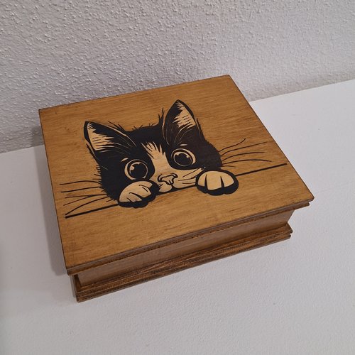 Boîte gravée d'un chat espiègle, type boite avec moulures à sucre ou accessoires divers, boite à souvenirs rf2