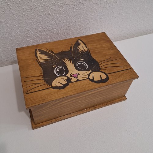 Boîte gravée d'un chat espiègle, type boite à sucre ou accessoires divers, boite à souvenirs rf2