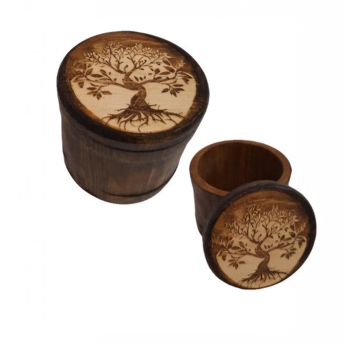 Boîte ronde en bois gravée arbre de vie celtique fond aurore petit boitier rangement pendule pierres cristaux bracelet pendentif bijoux