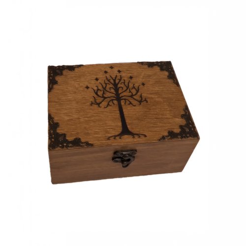 Boite en bois gravée arbre blanc du gondor galathilion emblème maison anarion isildur aragorn