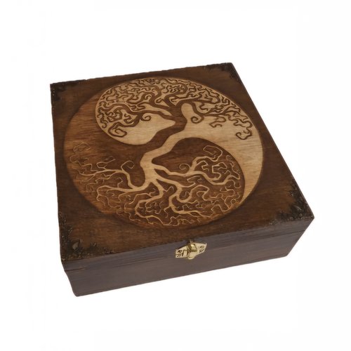 Boîte gravée arbre de vie celtique yin yang  rangement en bois à pierres cristaux lithothérapie bijoux huiles essentielles thé couture
