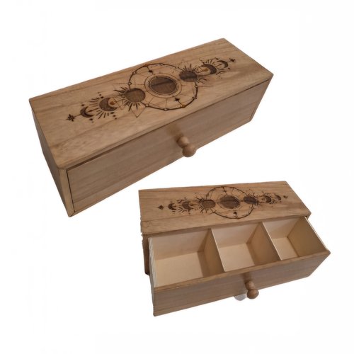 Boîte rangement tiroir en bois gravée des différentes phases de la lune lithothérapie huile essentielle thé pierres cristaux
