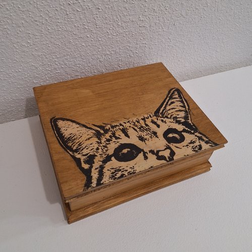 Boîte gravée d'un chat drôle et espiègle, type boite avec moulures à sucre ou accessoires divers, boite à souvenirs