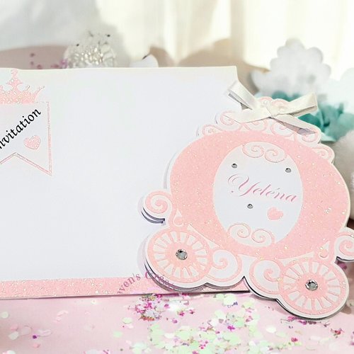 Lot de 10 faire-parts + enveloppes personnalisées carrosse princesse  - pour baptême