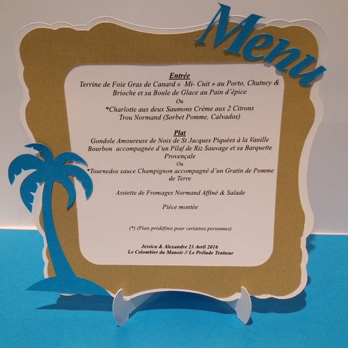 Lot de 5 menus carré de mariage élégant maintenu par son chevalet - thème : voyage / palmier