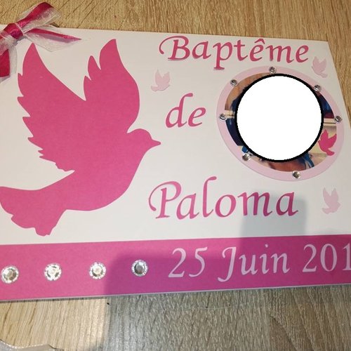 Livre d'or de baptême - thème : colombe - fuchsia, rose et blanc - personnalisable