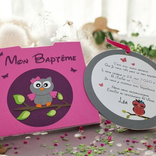 Lot de 10 faire-parts de baptême avec pochette - thème chouette