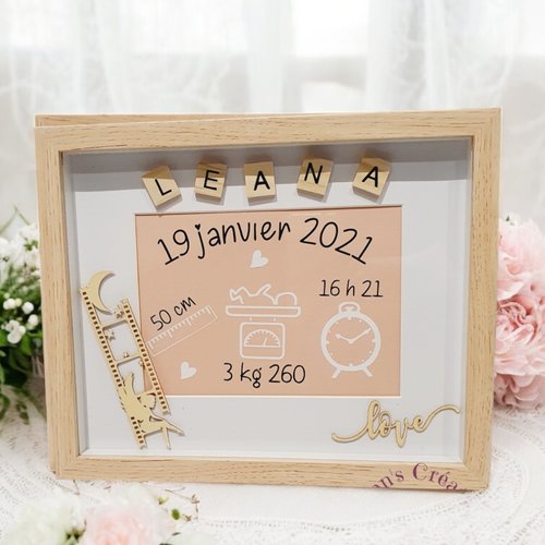 Cadre naissance - prénom, date, heure, poids et taille (prénom façon scrabble) - fée