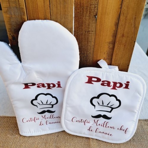 Duo gant et manique personnalisé "papi certifié meilleur chef de l'année" - cadeau papi