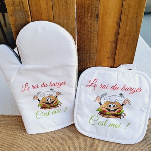 Duo gant & manique personnalisés "le roi du burger c'est moi"