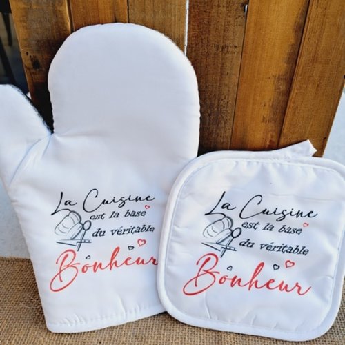Duo gant & manique personnalisés "la cuisine est la base du véritable bonheur"