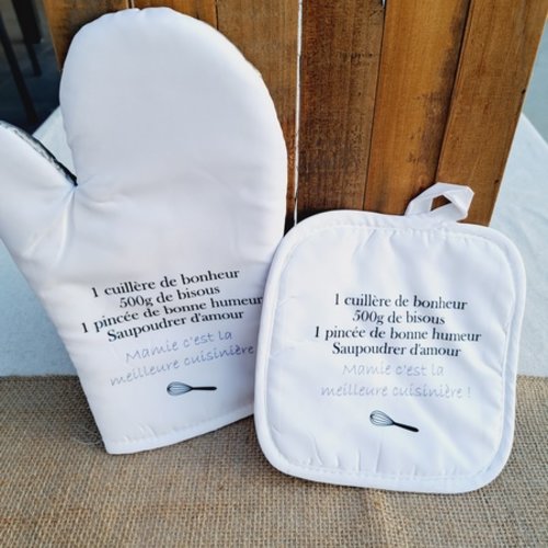 Duo gant & manique personnalisés "recette - mamie c'est la meilleure cuisinière"