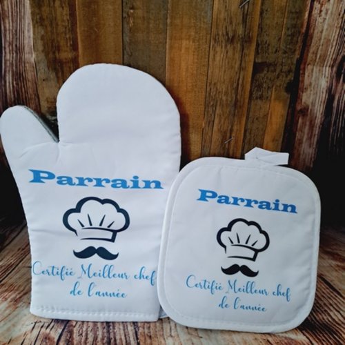 Duo gant et manique personnalisé "parrain certifié meilleur chef de l'année" - cadeau parrain